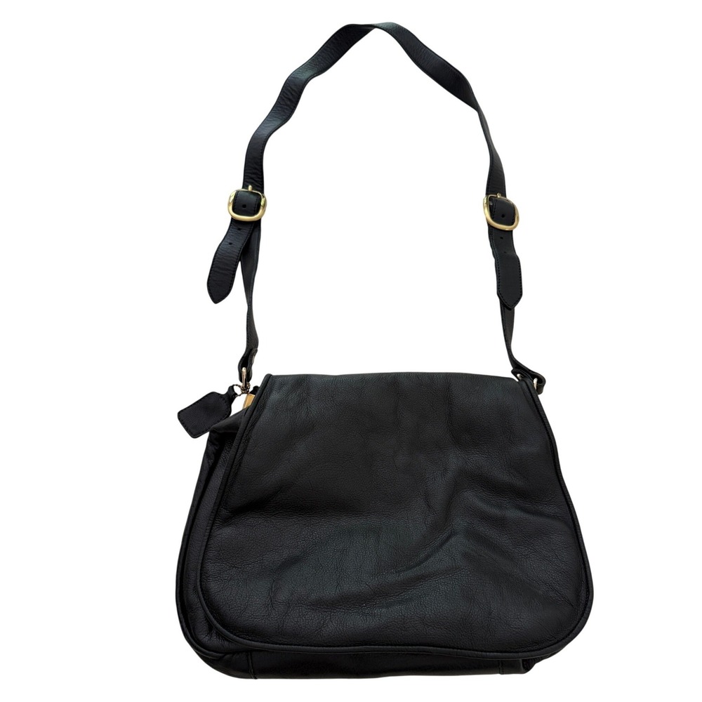 Bonia Crossbody Bag Black Pebbled Leather Fold-Over Flap Messenger Vintage 80s